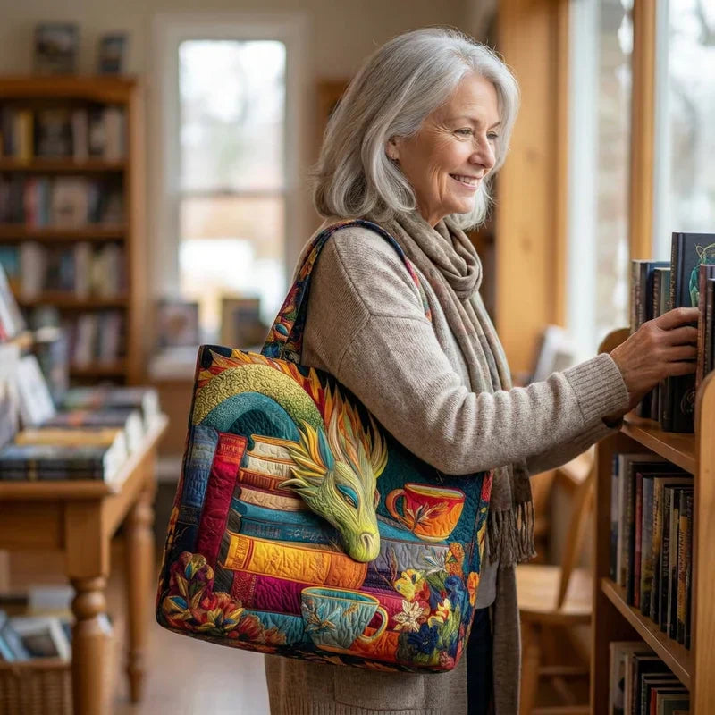 Evelyn Dragon Reader with Books and Mugs Artisan Bag