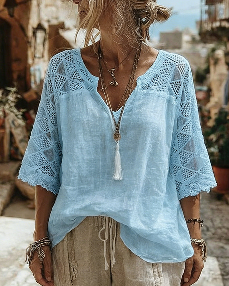 Robyn V-Neck Blouse with Lace Detail