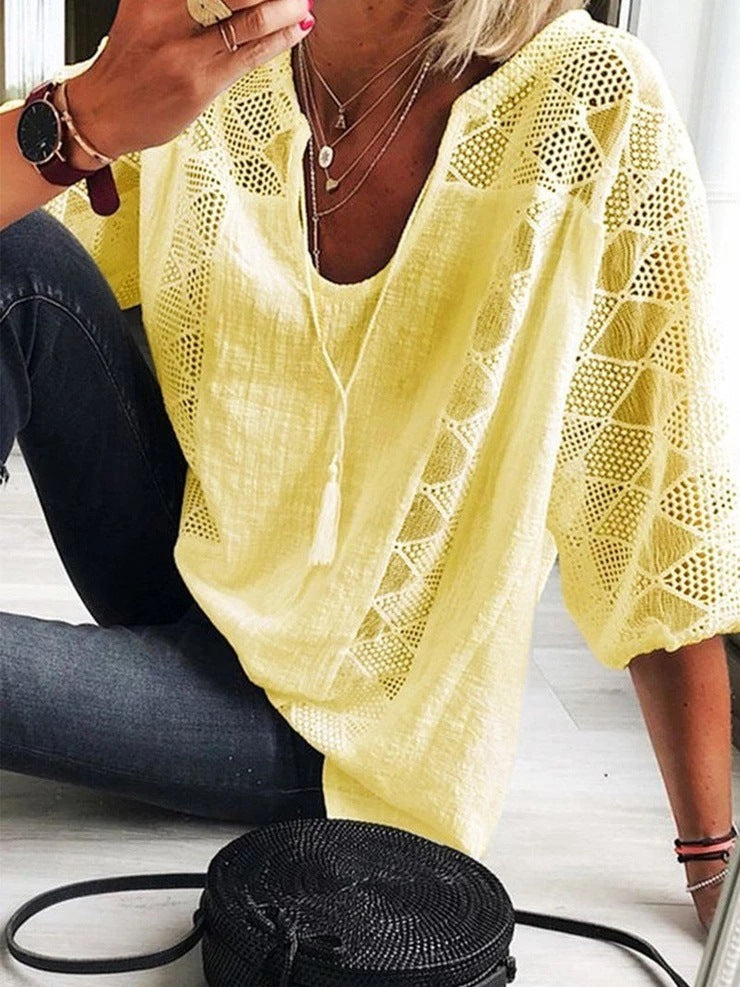 Robyn V-Neck Blouse with Lace Detail