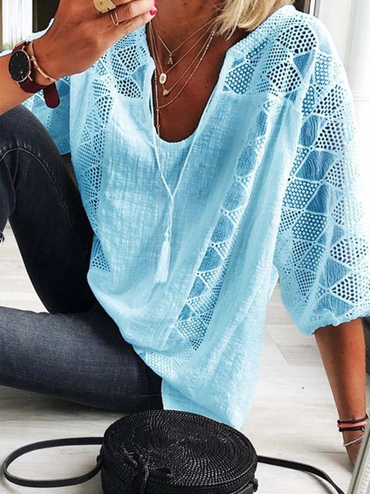 Robyn V-Neck Blouse with Lace Detail