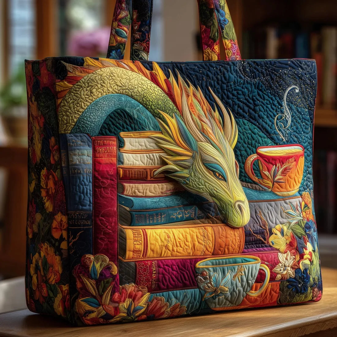Evelyn Dragon Reader with Books and Mugs Artisan Bag