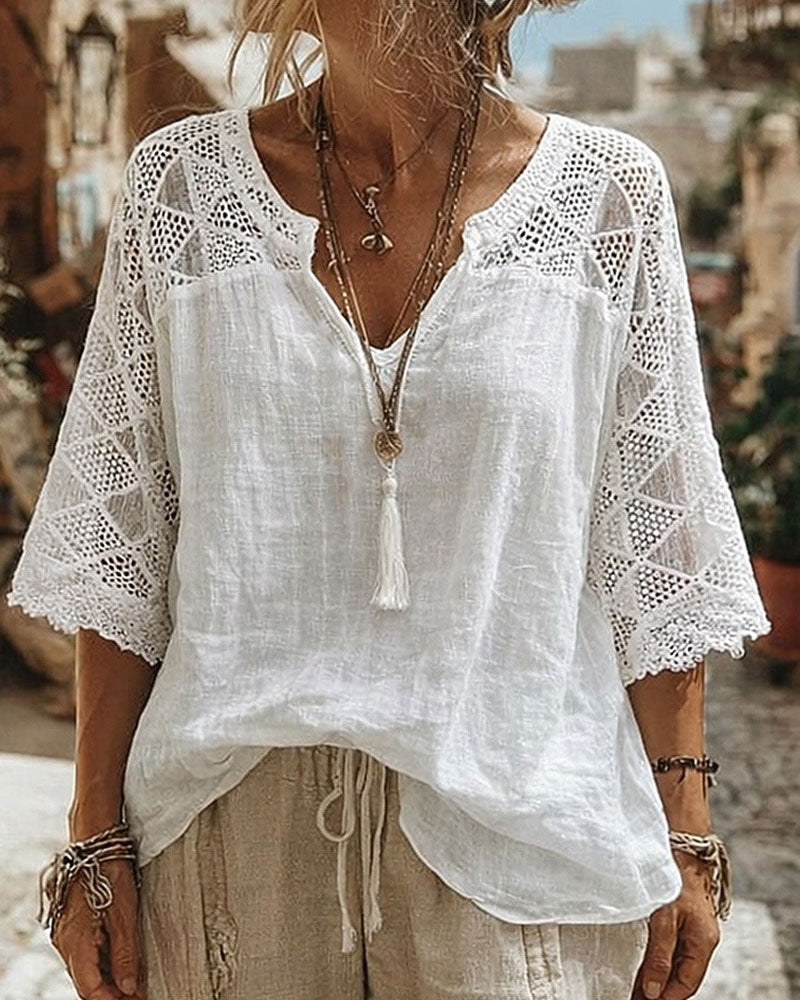 Robyn V-Neck Blouse with Lace Detail