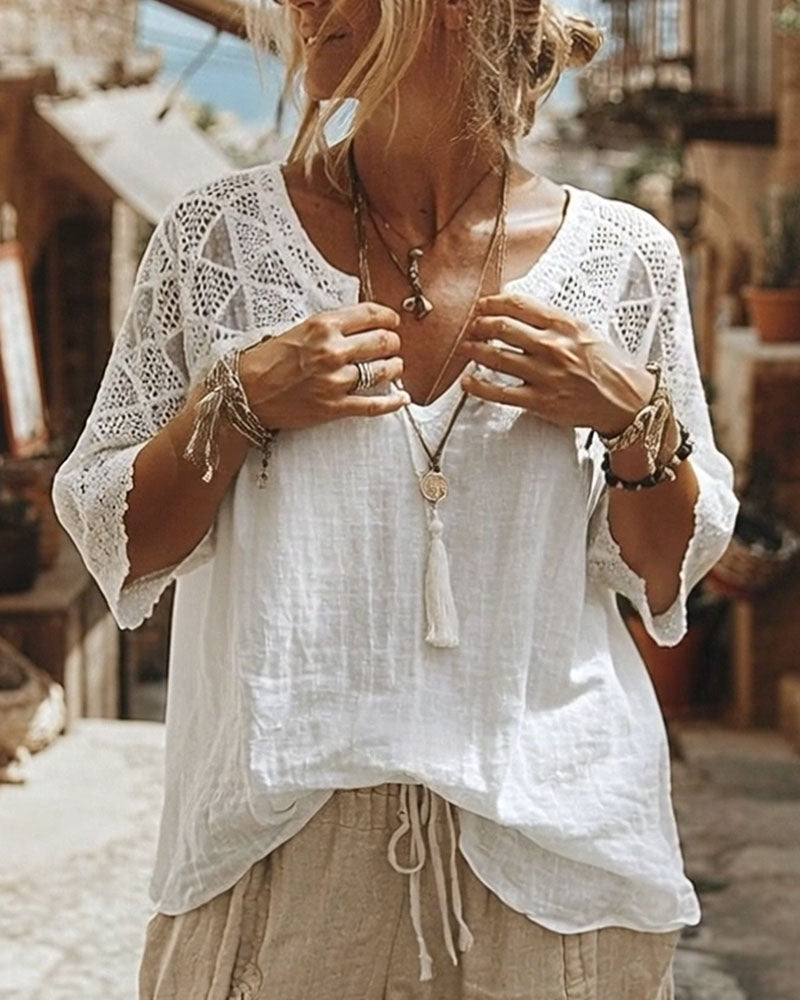 Robyn V-Neck Blouse with Lace Detail