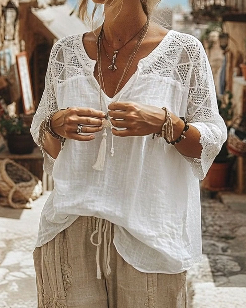 Robyn V-Neck Blouse with Lace Detail