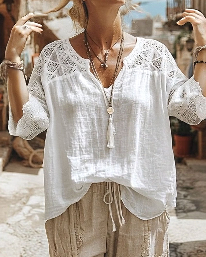 Robyn V-Neck Blouse with Lace Detail