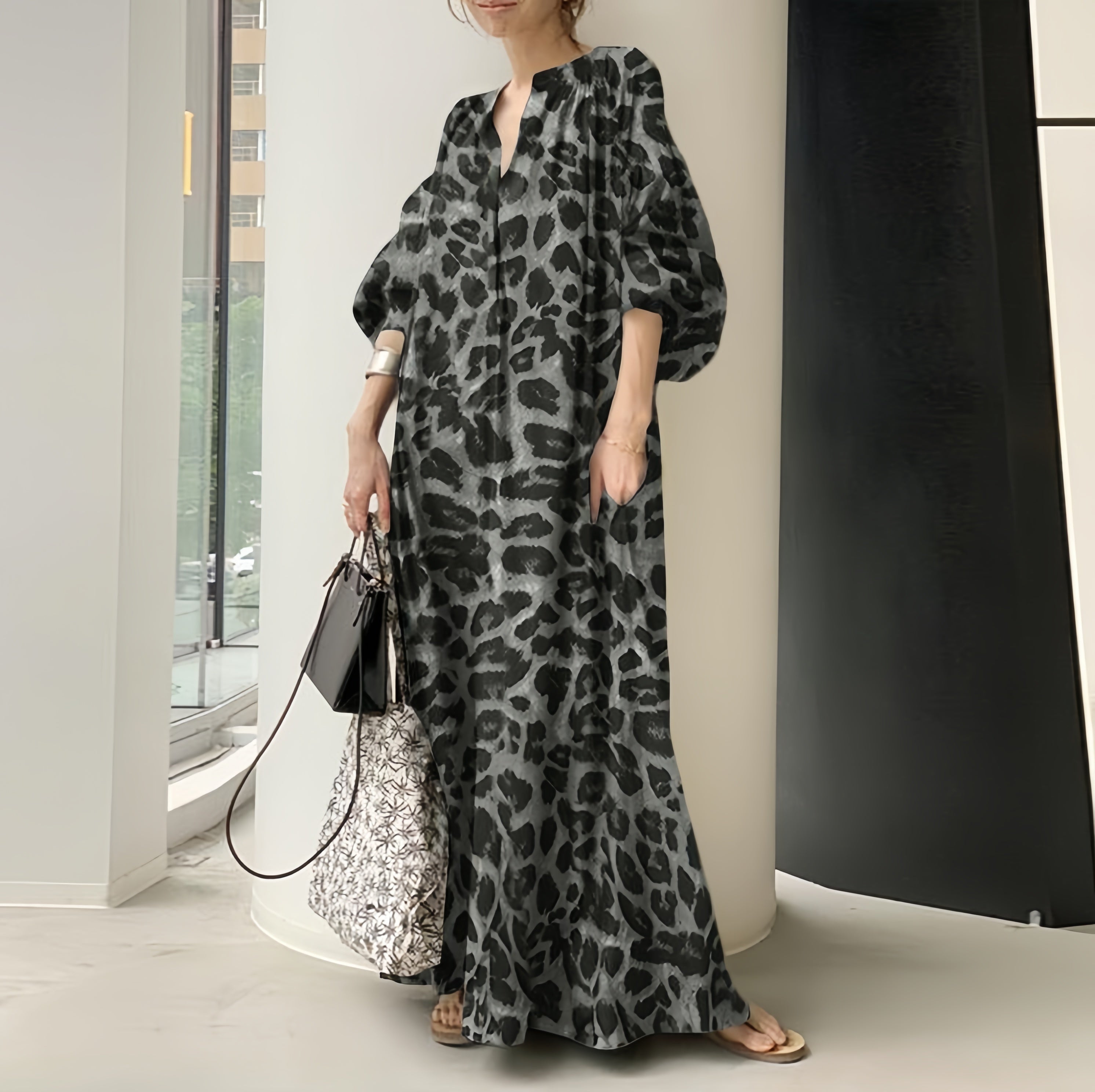 Camille Boho Puff Sleeve Leopard Maxi Dress