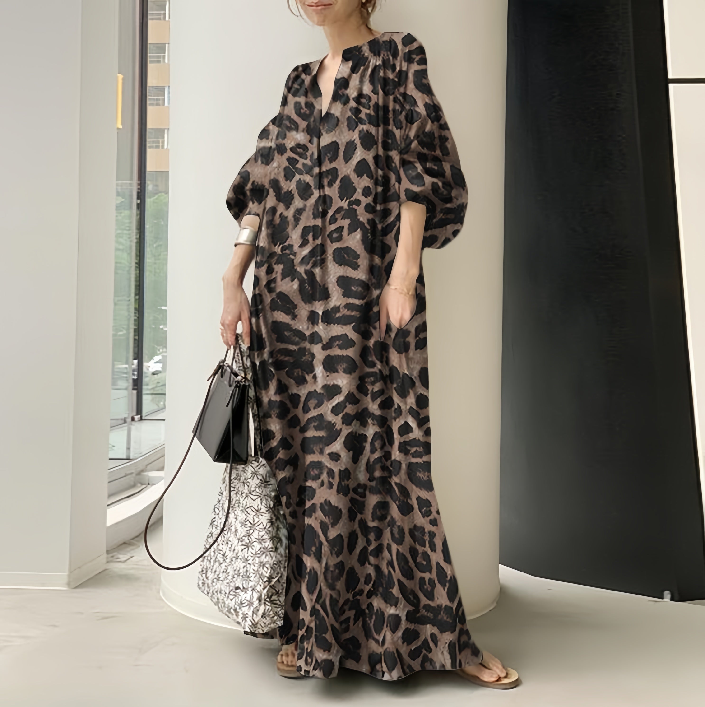 Camille Boho Puff Sleeve Leopard Maxi Dress