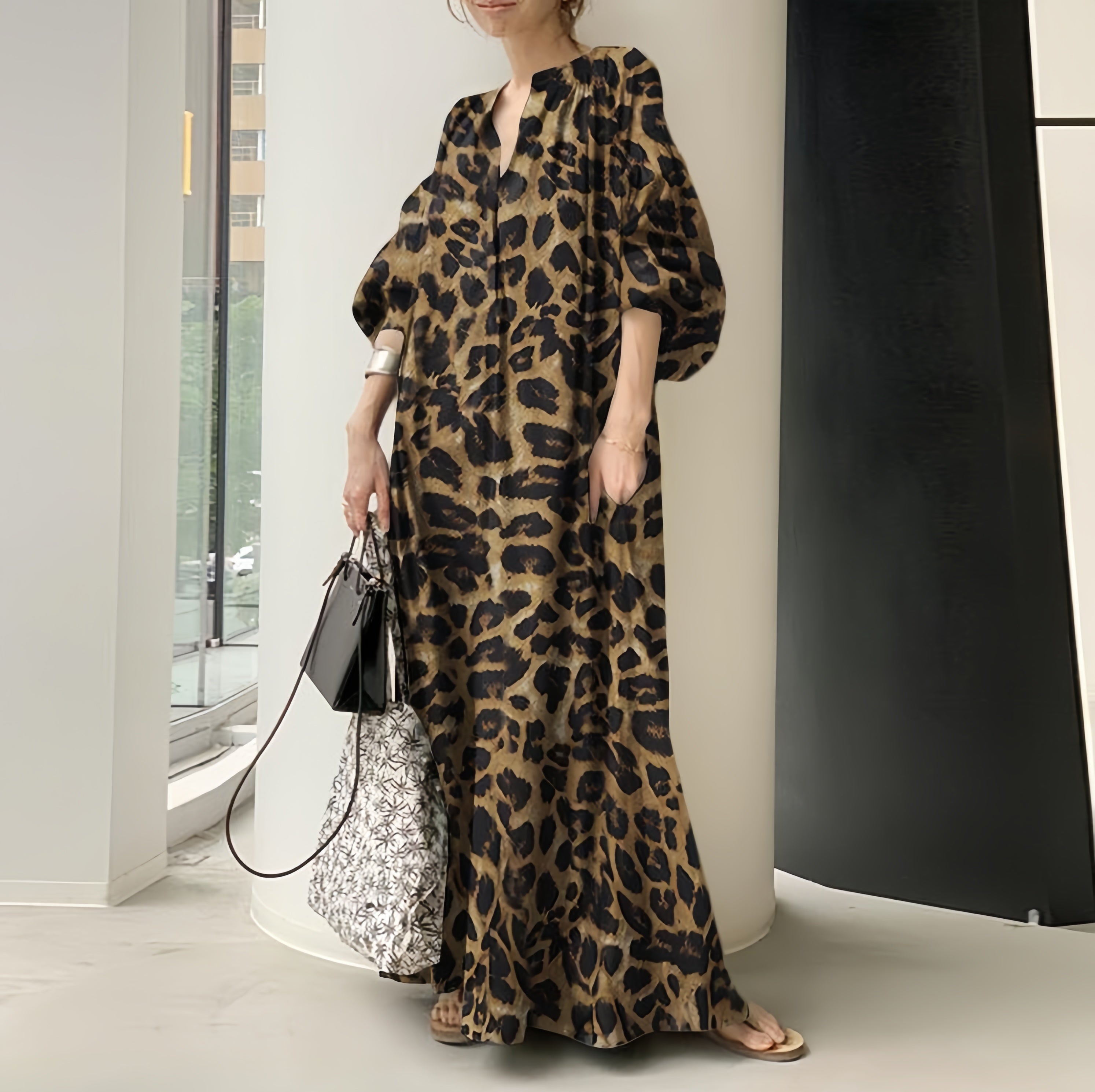 Camille Boho Puff Sleeve Leopard Maxi Dress