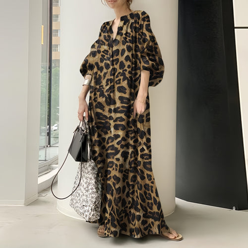 Camille Boho Puff Sleeve Leopard Maxi Dress