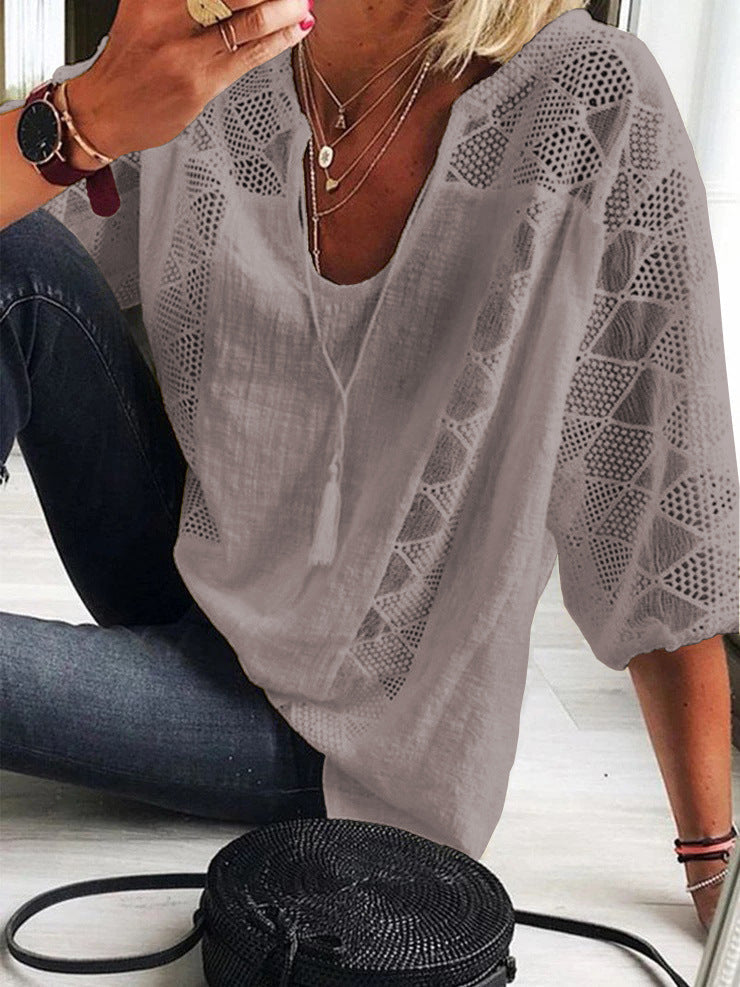 Robyn V-Neck Blouse with Lace Detail