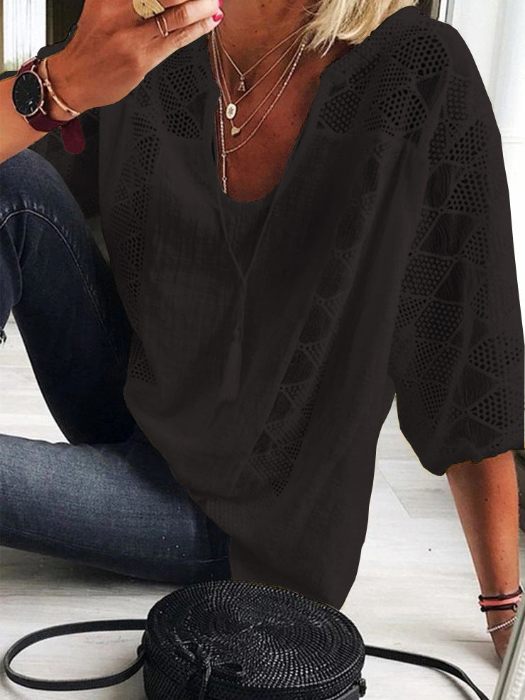 Robyn V-Neck Blouse with Lace Detail
